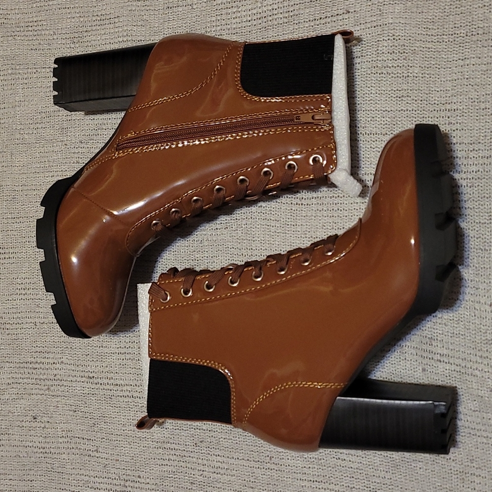 Cognac Patent Zip-Up Platform Bootie High chunky heel - Picture 1 of 6